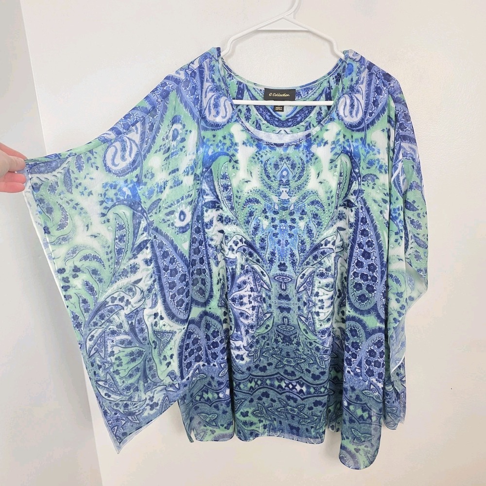 G Collection Blue Green White Paisley Rhinestone Boho Artsy Flowy Blouse Size 1X